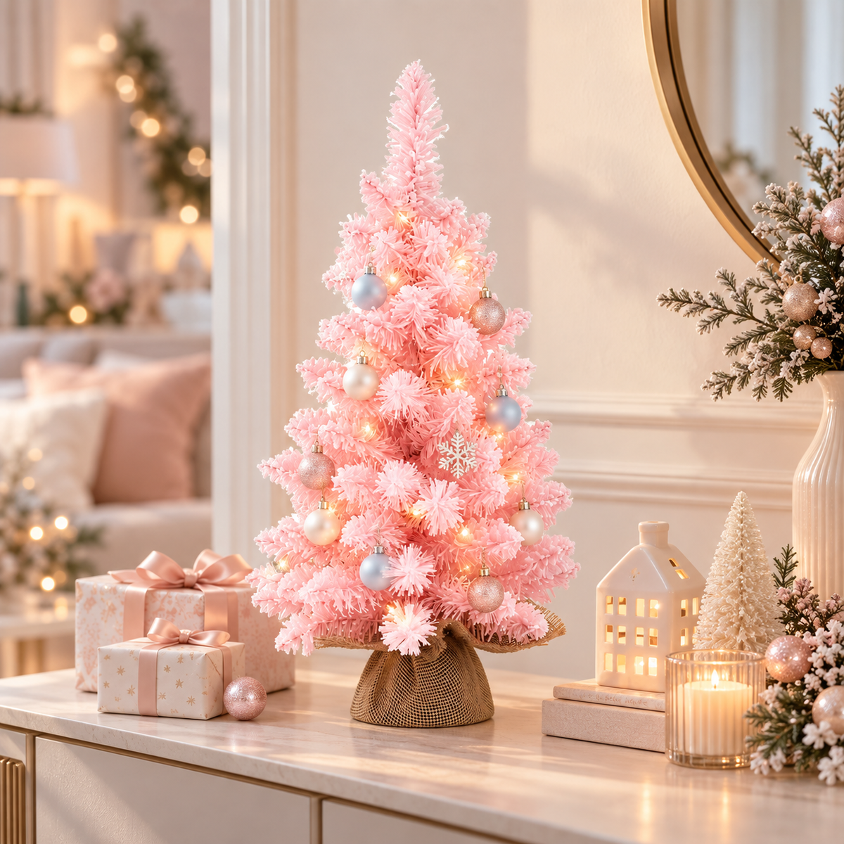 Jingle Jollys 60cm Flocked Pink Christmas Tree Mini Tabletop Xmas Tree