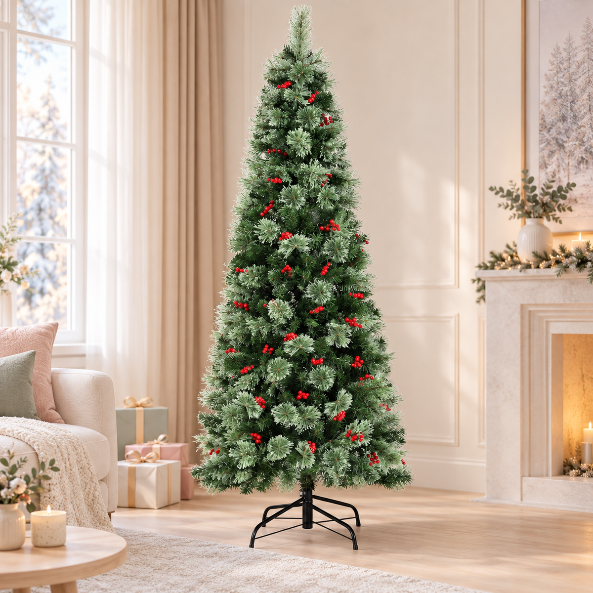 Jingle Jollys Christmas Tree 1.8M LED Xmas Tree Party Decorations Red Barries
