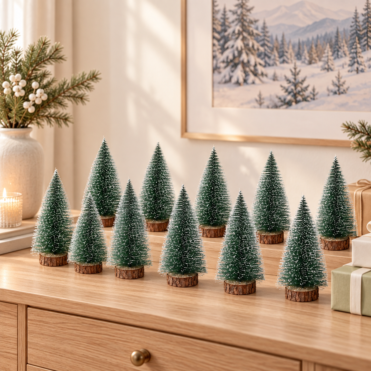 15 Pcs Miniature Xmas Tree White Snow Home Decoration Multi Purpose Desktop Mini Pine Tree for Indoor Party 3.9in