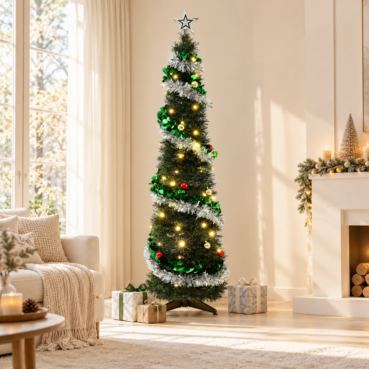 Jingle Jollys Pop Up Christmas Tree Pre Decorated Warm White LED 155cm