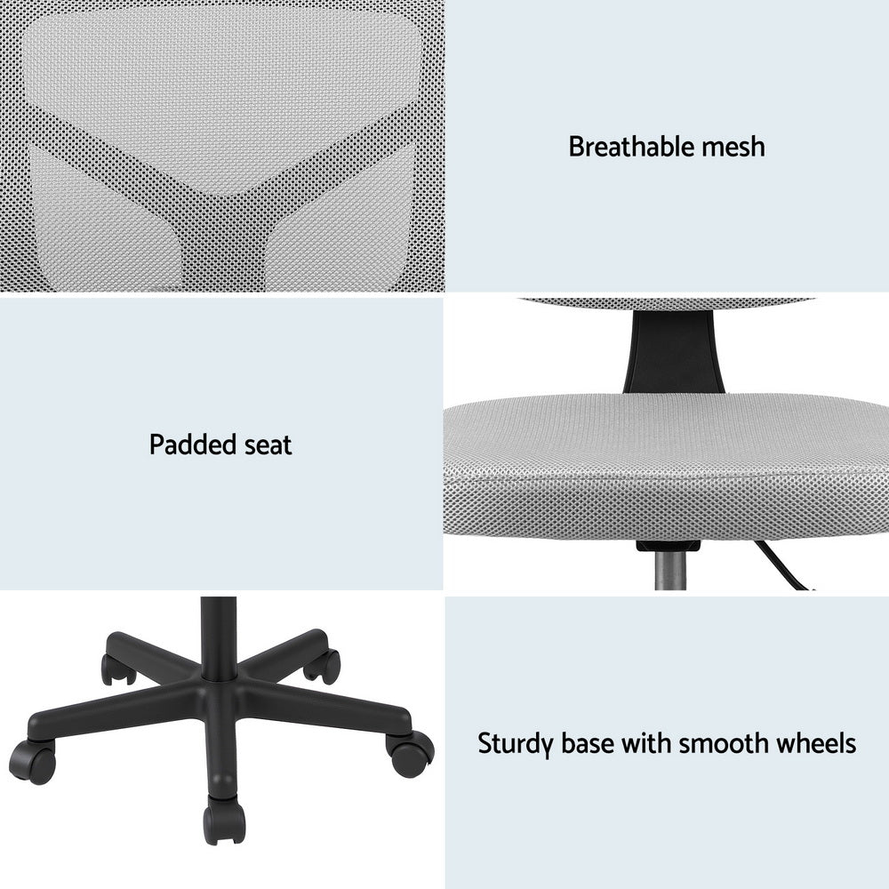 Artiss Armless Office Chair with Wheels, Ergonomic 360° Swivel Home Office Desk Chair, Height Adjustable Computer Task Chair with Fabric Back and Seat for Small Space, Grey