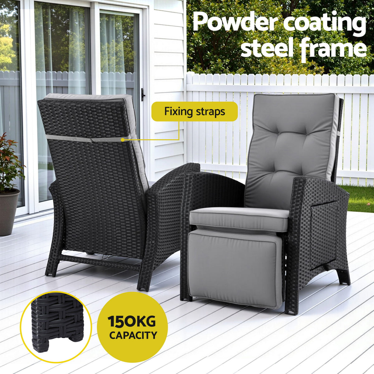 Gardeon Outdoor Recliner Chairs Sun lounge Wicker Lounger Patio Furniture Adjustable Black