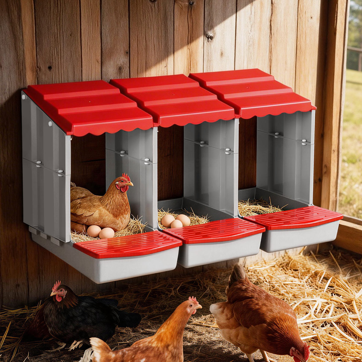 i.Pet Chicken Nesting Box 3 Hole Roll Away Poultry Hen Laying Egg Hutch Red