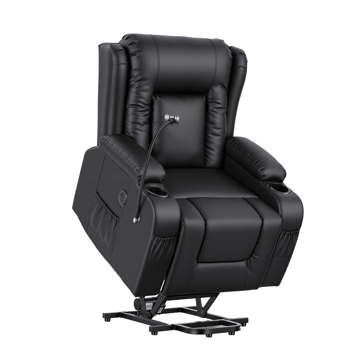 Artiss Power Lift Recliner Chair with Massage and Heat for Elderly, Electric Sofa Reclining Chair with USB and Phone Holder, PU Leather Comfy Armchair for Living Room, 2 Cup Holder & 4 Pockets, Black