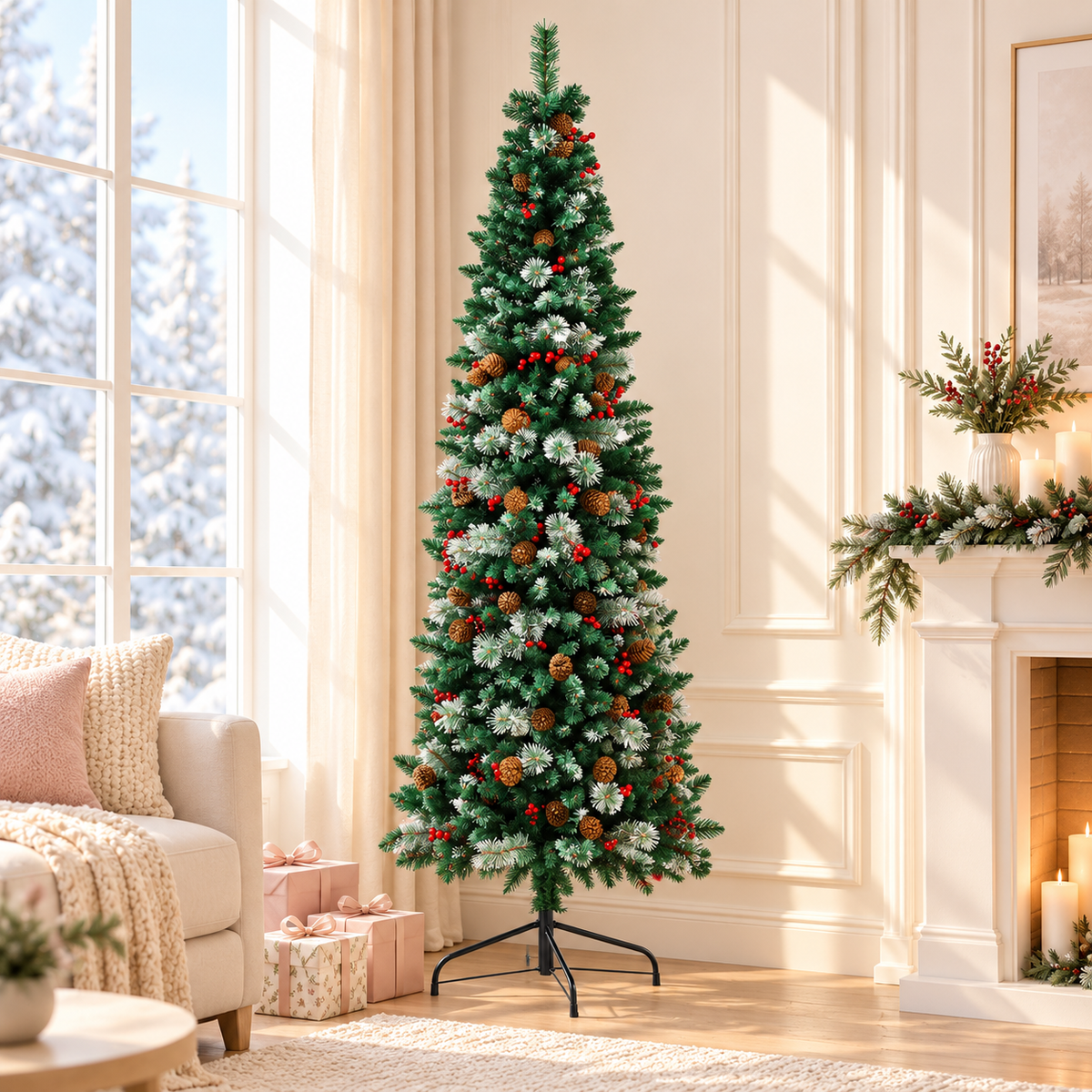 Jingle Jollys 2.1m Artificial Slim Christmas Tree Pine Cone Berry Decor Corner