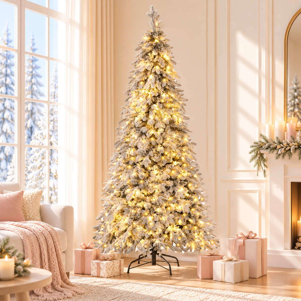 Jingle Jollys Christmas Tree 2.1m Flocking Pencil Tree LED Xmas 860 Tips White