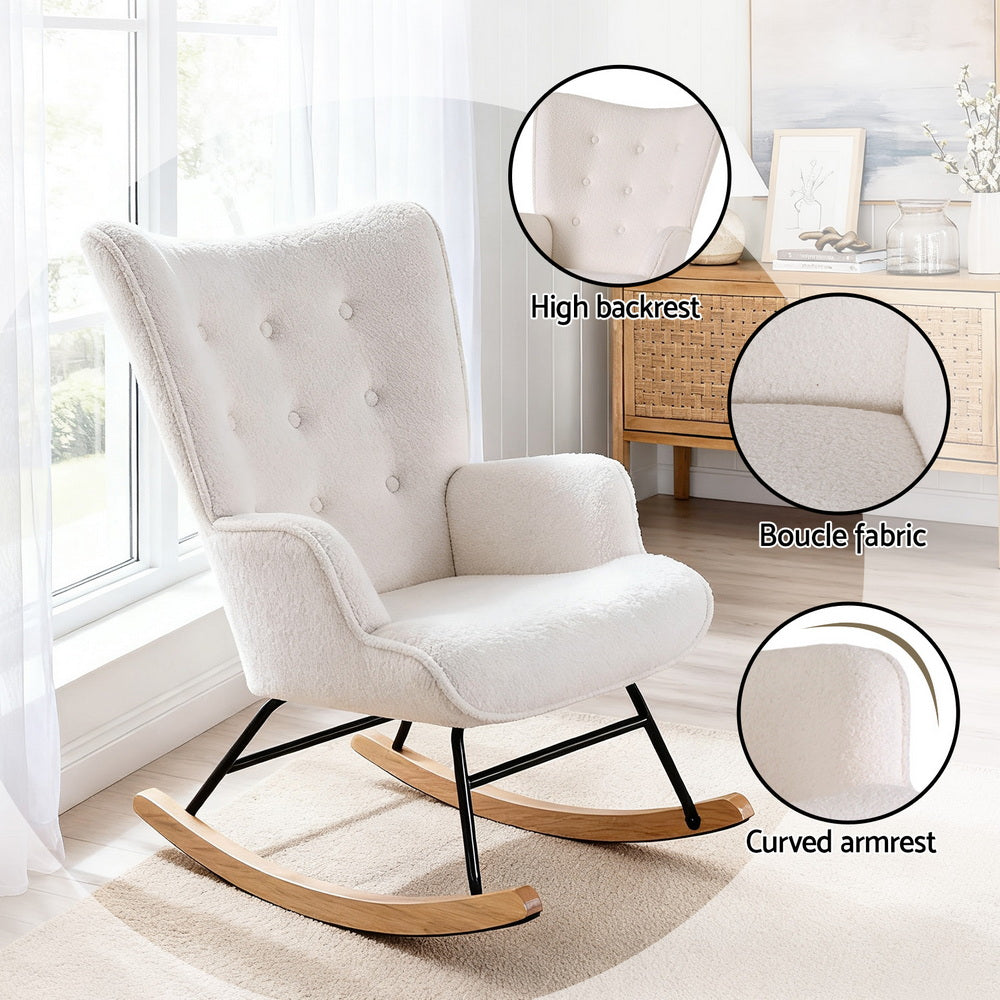 Artiss Rocking Armchair Nursing Chair Boucle Fabric White