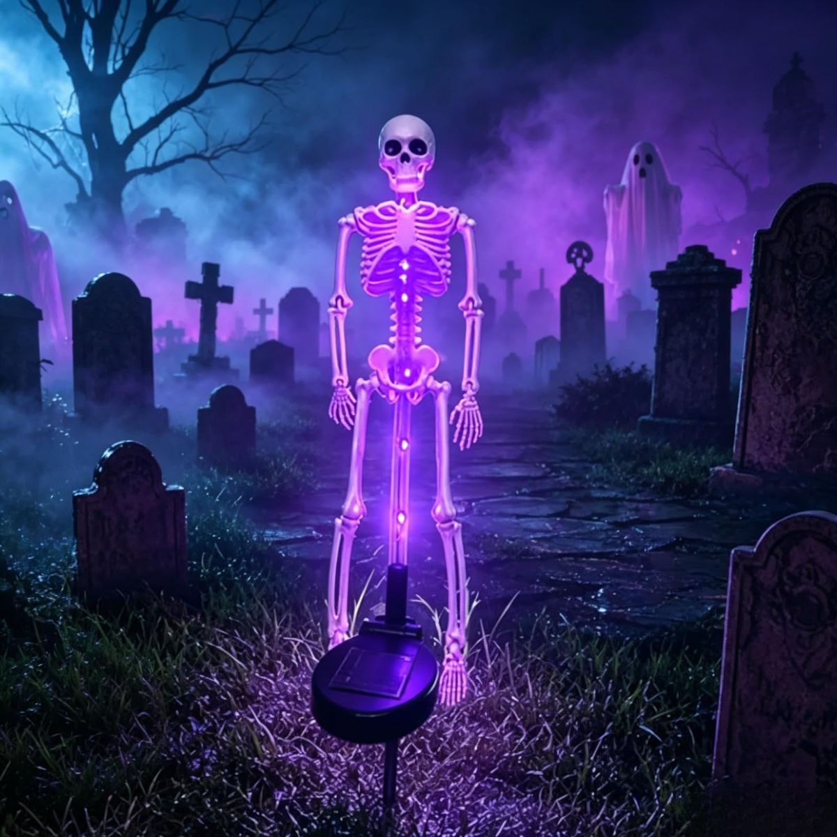 Solar Skeleton Lamp Yard Stake Halloween Decorations Garden Light, 28'' Glow Bones Figurine LED Lamp, 3D Creepy Waterproof Realistic Skull for Outdoor Grave Lawn Patio Party Fall Decor - Purple - Size 1 Pack