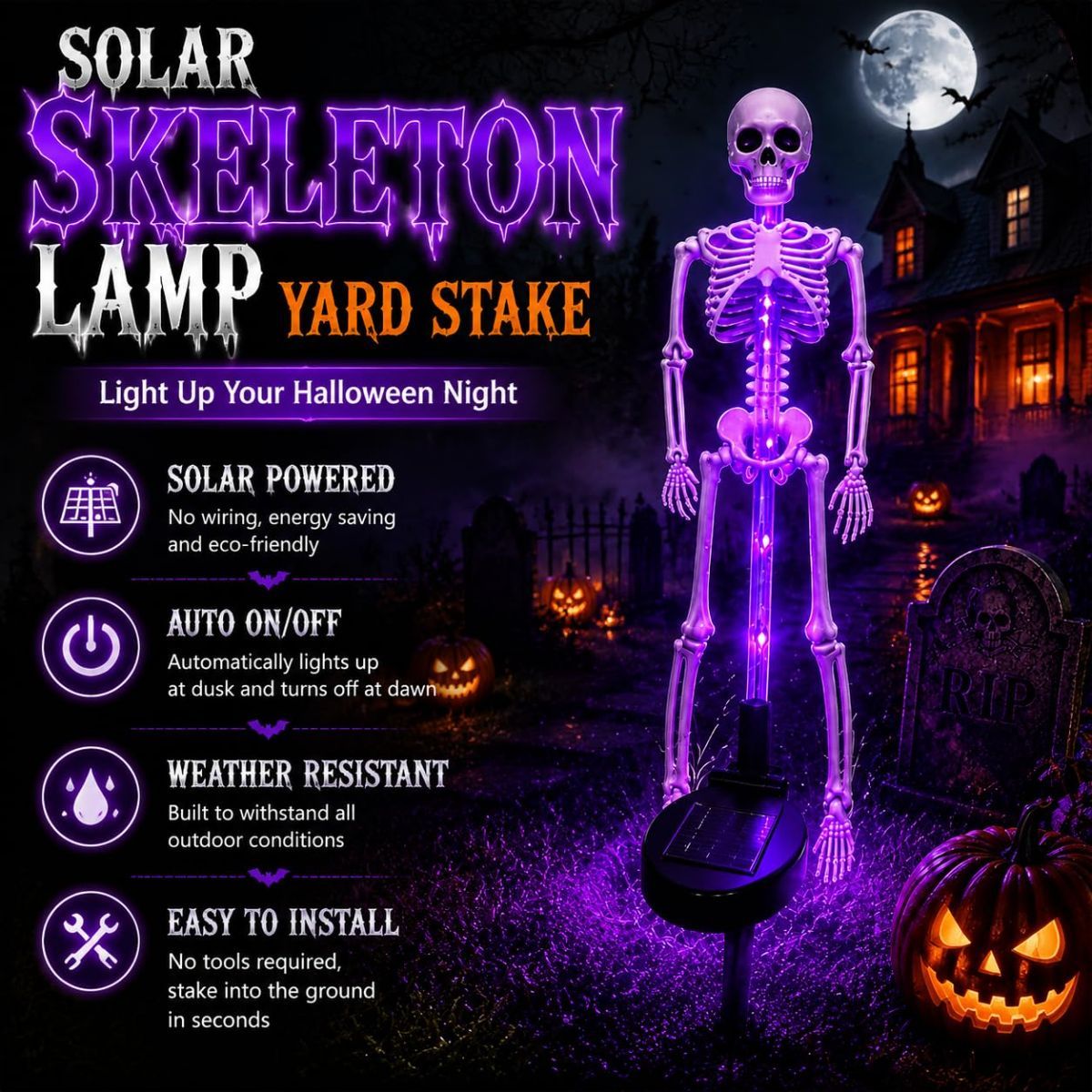 Solar Skeleton Lamp Yard Stake Halloween Decorations Garden Light, 28'' Glow Bones Figurine LED Lamp, 3D Creepy Waterproof Realistic Skull for Outdoor Grave Lawn Patio Party Fall Decor - Purple - Size 2 Pack