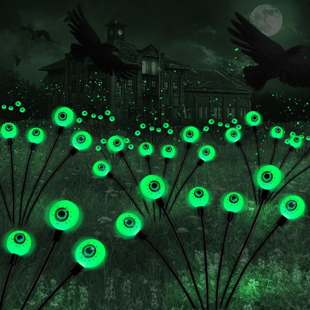 Halloween Decorations Outdoor Solar Scary Eyeball Lights,2PACKS LED Green Eyeball Swaying Firefly Lights,Waterproof Solar Halloween Path Lights for Yard/Garden/Lawn/Party Decor - Green - Size 6 led