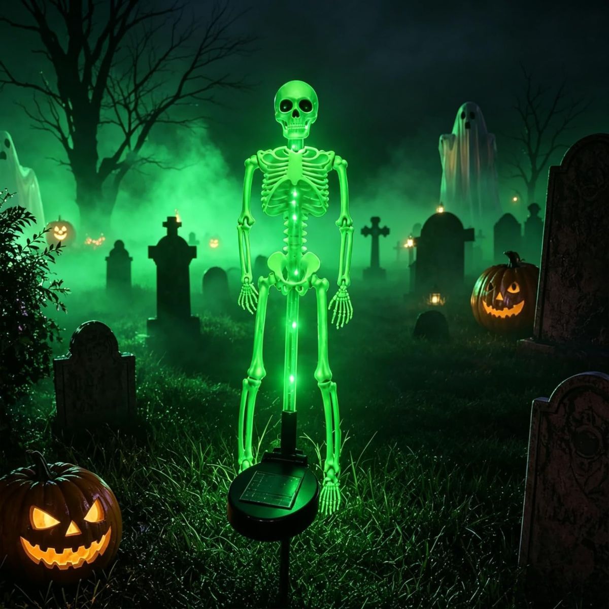 Solar Skeleton Lamp Yard Stake Halloween Decorations Garden Light, 28'' Glow Bones Figurine LED Lamp, 3D Creepy Waterproof Realistic Skull for Outdoor Grave Lawn Patio Party Fall Decor - Green - Size 1 Pack
