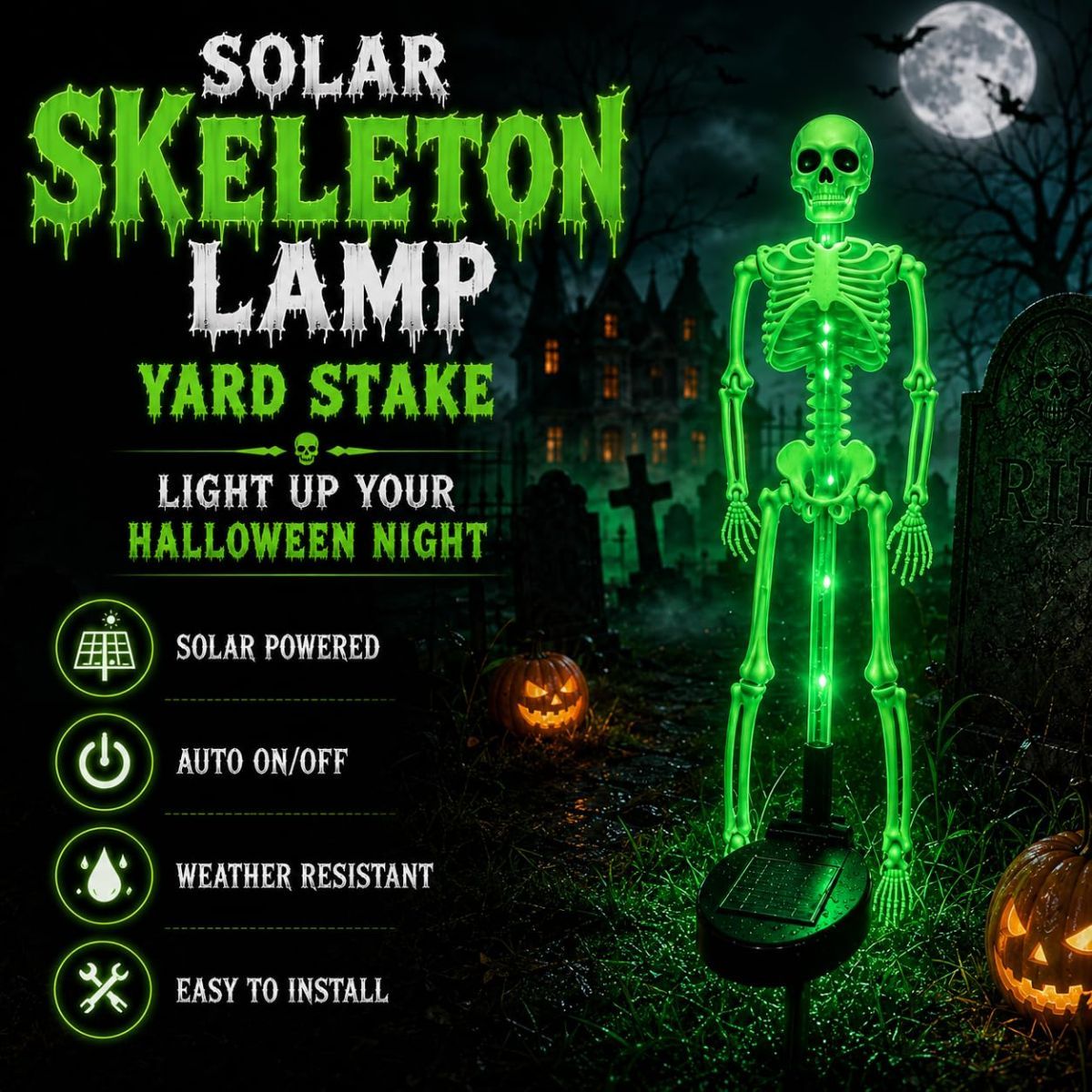 Solar Skeleton Lamp Yard Stake Halloween Decorations Garden Light, 28'' Glow Bones Figurine LED Lamp, 3D Creepy Waterproof Realistic Skull for Outdoor Grave Lawn Patio Party Fall Decor - Green - Size 1 Pack