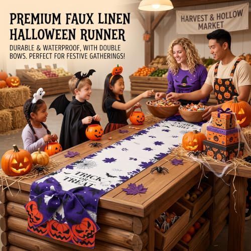 Halloween Table Runner 72 in with Big Bows Spillproof Pumpkin Ghost Spill-proof/Water-resistant,3D Statement Bow-Knot,Premium Heavyweight Fabric,Spillproof Coating & Outdoor Ready - Multi - Size A