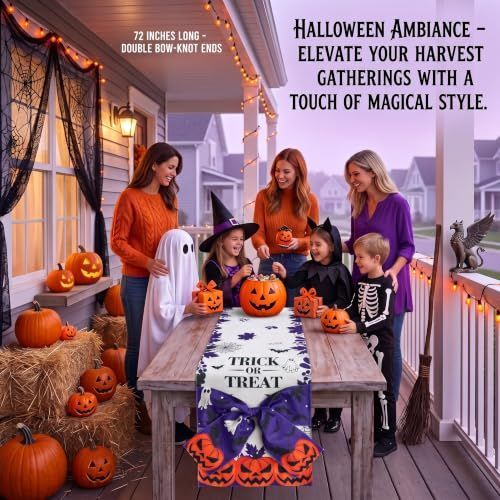 Halloween Table Runner 72 in with Big Bows Spillproof Pumpkin Ghost Spill-proof/Water-resistant,3D Statement Bow-Knot,Premium Heavyweight Fabric,Spillproof Coating & Outdoor Ready - Multi - Size B