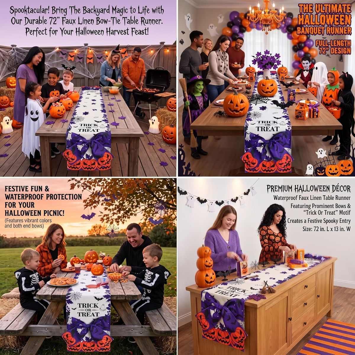 Halloween Table Runner 72 in with Big Bows Spillproof Pumpkin Ghost Spill-proof/Water-resistant,3D Statement Bow-Knot,Premium Heavyweight Fabric,Spillproof Coating & Outdoor Ready - Multi - Size B