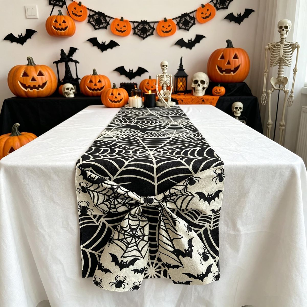 Halloween Table Runner 72 in with Big Bows Spillproof Pumpkin Ghost Spill-proof/Water-resistant,3D Statement Bow-Knot,Premium Heavyweight Fabric,Spillproof Coating & Outdoor Ready - Multi - Size B