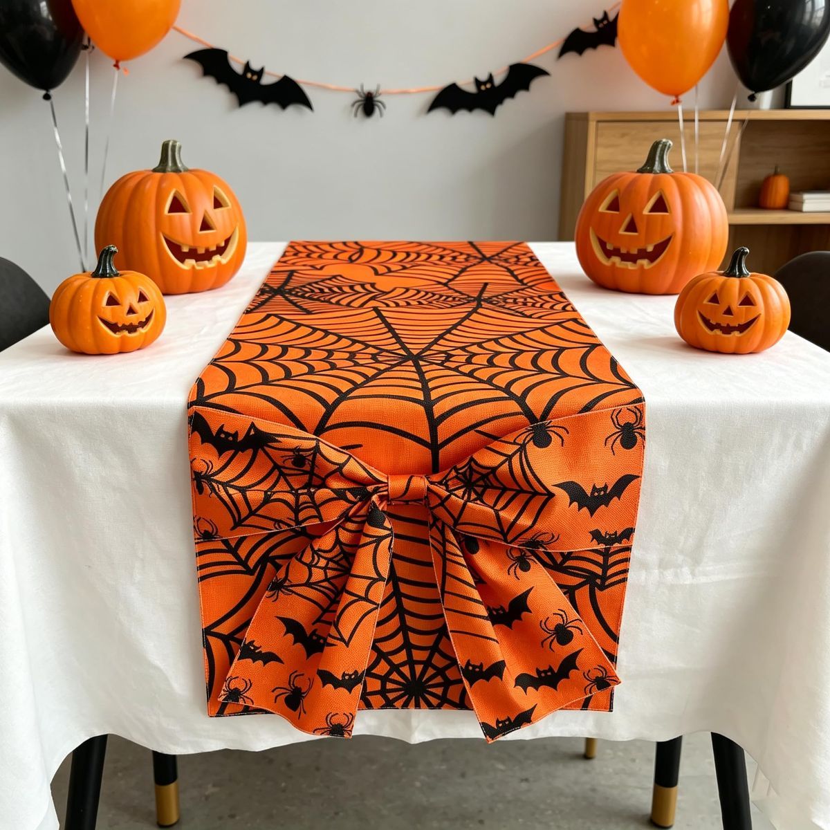 Halloween Table Runner 72 in with Big Bows Spillproof Pumpkin Ghost Spill-proof/Water-resistant,3D Statement Bow-Knot,Premium Heavyweight Fabric,Spillproof Coating & Outdoor Ready - Multi - Size B