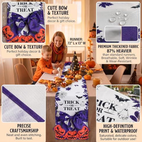 Halloween Table Runner 72 in with Big Bows Spillproof Pumpkin Ghost Spill-proof/Water-resistant,3D Statement Bow-Knot,Premium Heavyweight Fabric,Spillproof Coating & Outdoor Ready - Multi - Size D