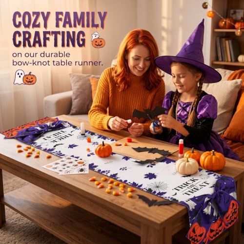 Halloween Table Runner 72 in with Big Bows Spillproof Pumpkin Ghost Spill-proof/Water-resistant,3D Statement Bow-Knot,Premium Heavyweight Fabric,Spillproof Coating & Outdoor Ready - Multi - Size D
