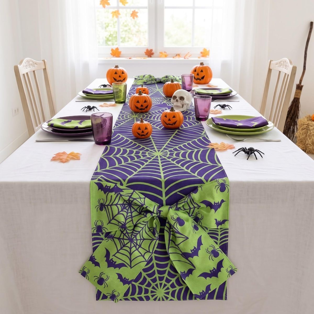 Halloween Table Runner 72 in with Big Bows Spillproof Pumpkin Ghost Spill-proof/Water-resistant,3D Statement Bow-Knot,Premium Heavyweight Fabric,Spillproof Coating & Outdoor Ready - Multi - Size D