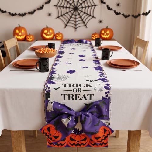 Halloween Table Runner 72 in with Big Bows Spillproof Pumpkin Ghost Spill-proof/Water-resistant,3D Statement Bow-Knot,Premium Heavyweight Fabric,Spillproof Coating & Outdoor Ready - Multi - Size E