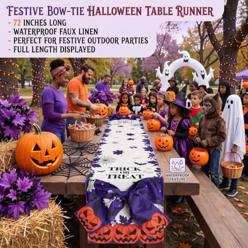 Halloween Table Runner 72 in with Big Bows Spillproof Pumpkin Ghost Spill-proof/Water-resistant,3D Statement Bow-Knot,Premium Heavyweight Fabric,Spillproof Coating & Outdoor Ready - Multi - Size E