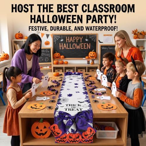 Halloween Table Runner 72 in with Big Bows Spillproof Pumpkin Ghost Spill-proof/Water-resistant,3D Statement Bow-Knot,Premium Heavyweight Fabric,Spillproof Coating & Outdoor Ready - Multi - Size E