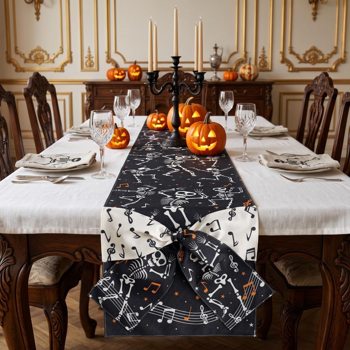 Halloween Table Runner 72 in with Big Bows Spillproof Pumpkin Ghost Spill-proof/Water-resistant,3D Statement Bow-Knot,Premium Heavyweight Fabric,Spillproof Coating & Outdoor Ready - Multi - Size E