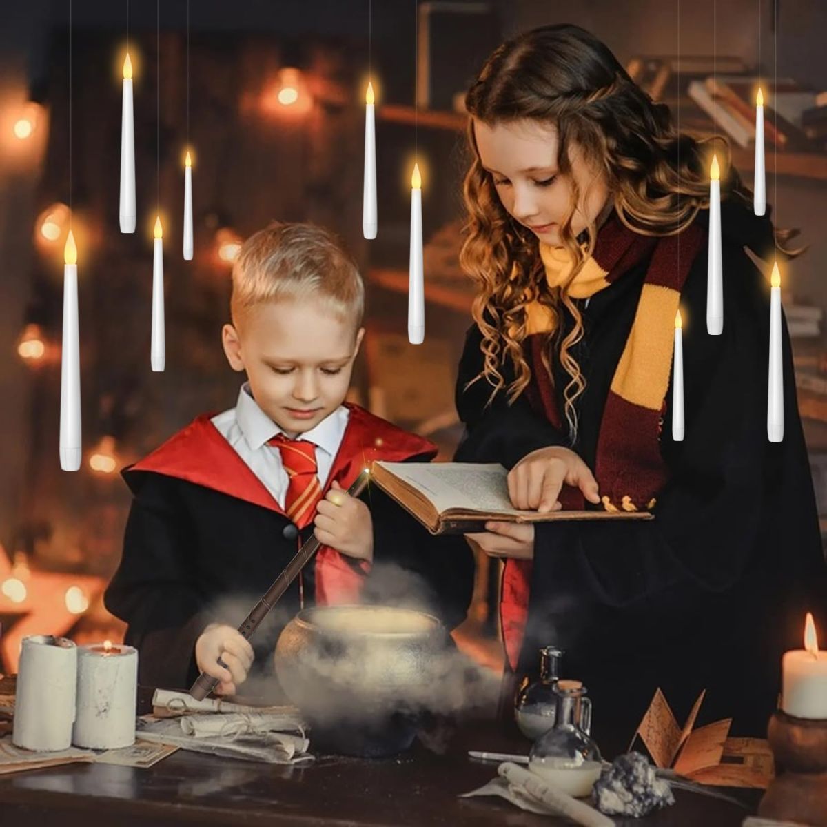 Flameless Floating Candles with Wand，12 Pcs Magic LED Hanging Taper Candles，Flickering Battery Operated Taper Candle with Wand Remote for Halloween Decorations Best Gift（White）