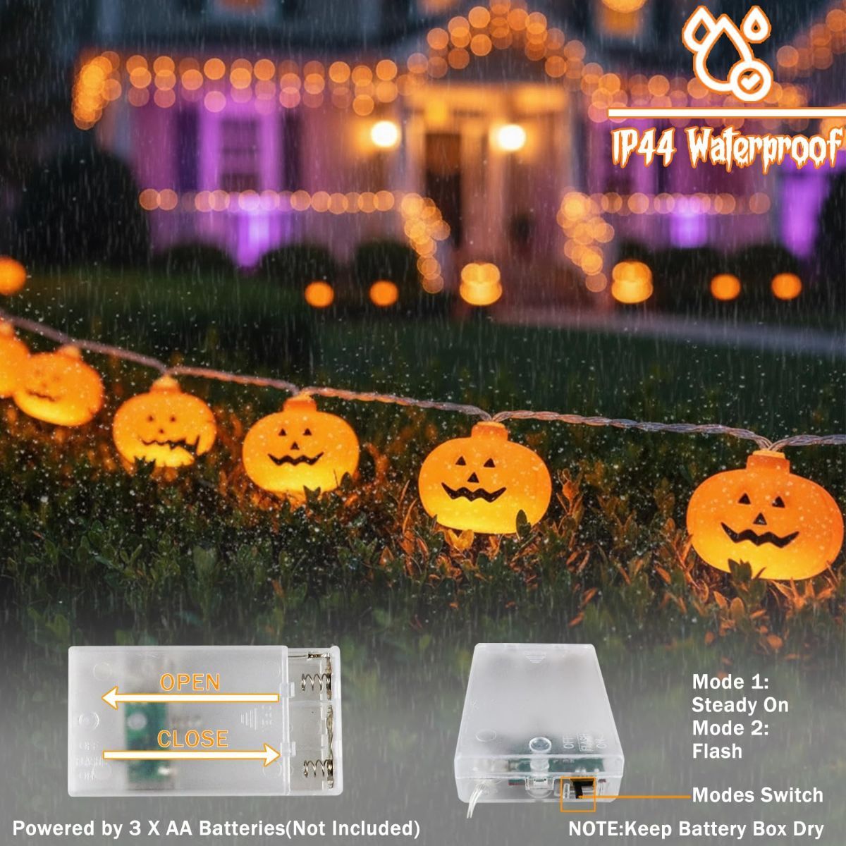 Halloween LED Lights Pumpkin String Lights Battery-Powered Lights Waterproof - Yellow - Size 1.5m 10-LED light
