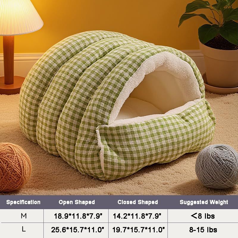Large Cat Beds for Indoor Closed/Open Cats Pet Bed Switchable Large Cat Cave for Pet Cat House Safe Cat Small Dog Bed Selfwarming Cat Dog Shelter for Winter - Green