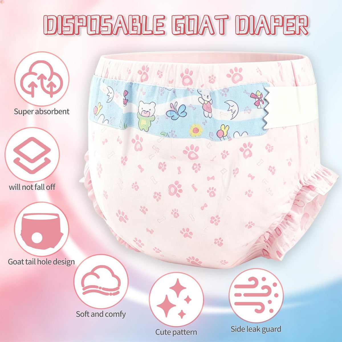 Pet Diapers for Female Dogs, 10-Pack Disposable, Super Absorbent & Leak-Proof, Breathable, Cute Patterns, Long-Lasting Dryness for Indoor Use – Also for Goats, XL (Pink)
