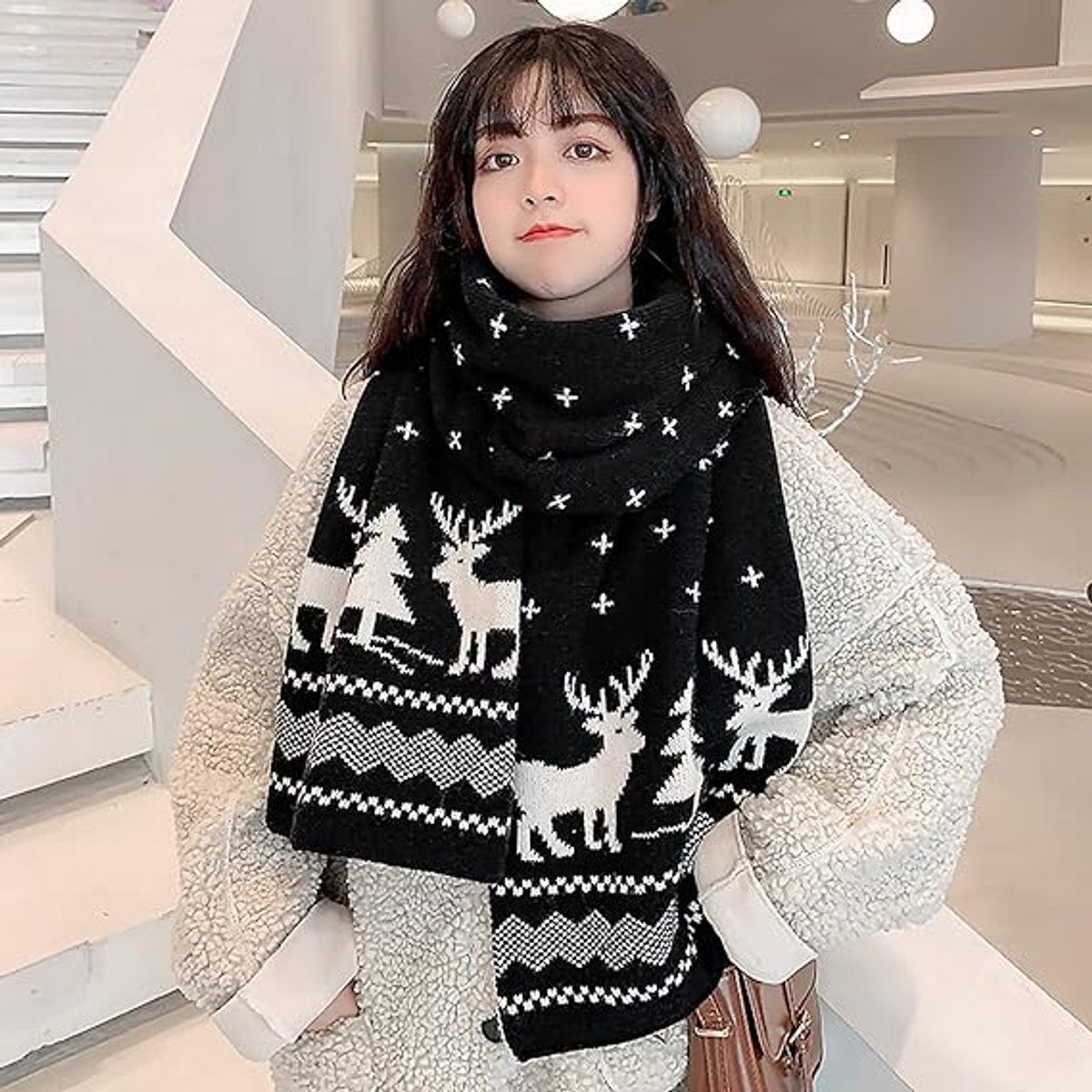 Warm Winter Scarf, Christmas Gift Neck Scarf, Double-sided Knit Scarf, Christmas Tree Moose, Perfect for Christmas and Winter Holidays, Black