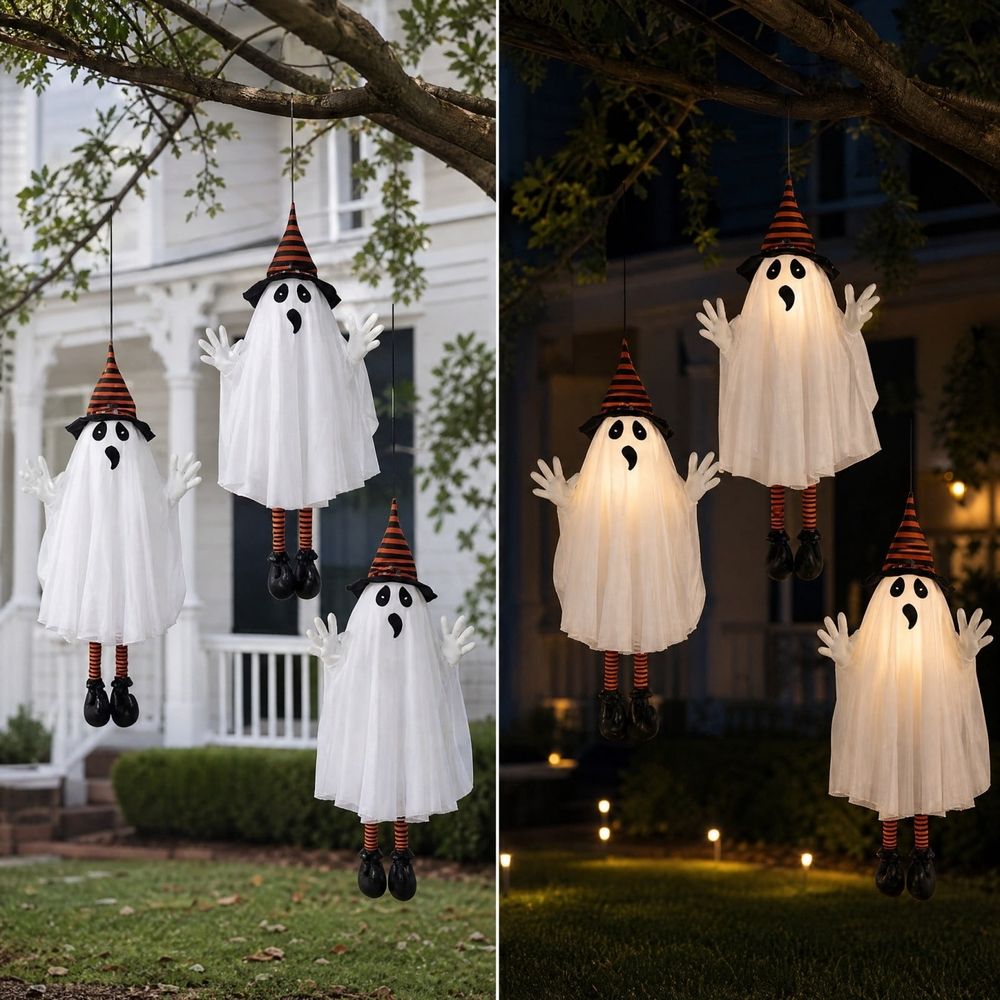 Halloween Hanging Ghost Decor, Cute White Fabric Ghost Ornament With Striped Witch Hat Socks and Shoes for Front Porch Tree Yard Door Window Indoor Outdoor Party Decor