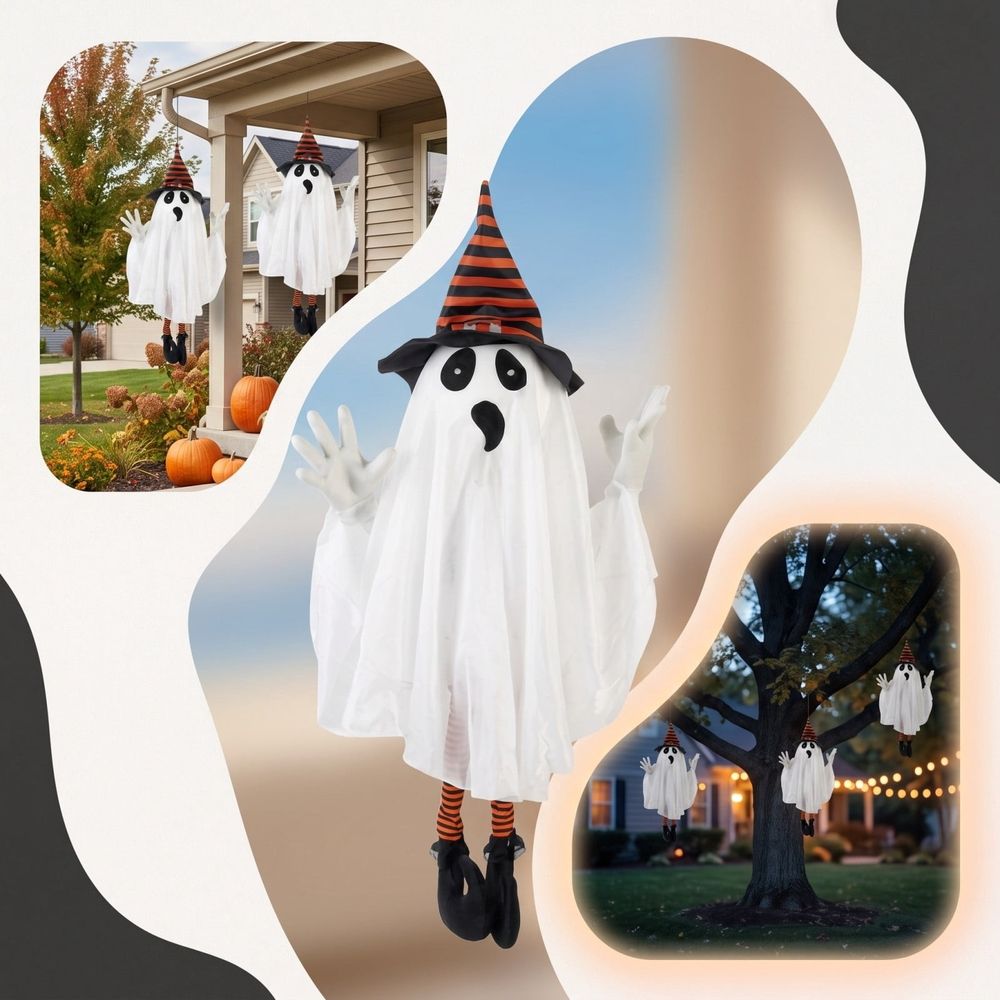Halloween Hanging Ghost Decor, Cute White Fabric Ghost Ornament With Striped Witch Hat Socks and Shoes for Front Porch Tree Yard Door Window Indoor Outdoor Party Decor