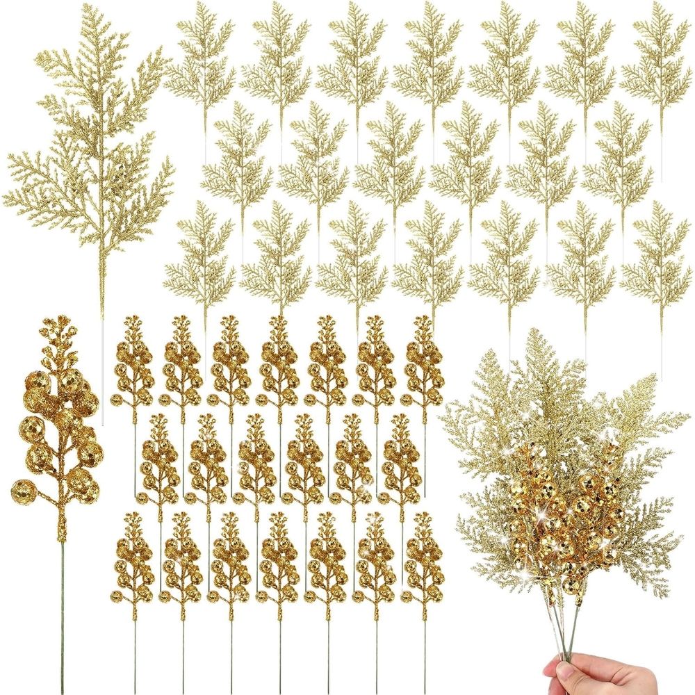 40PCS Christmas Glitter Berries Stems and Christmas Glitter Artificial Pine Needles Artificial Christmas Picks Fake Floral Twig Picks Christmas Decorations for Tree Garland