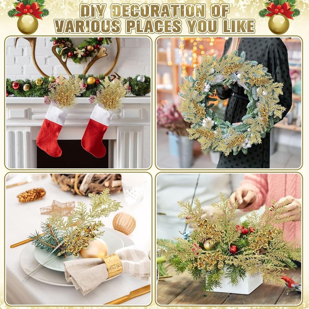 40PCS Christmas Glitter Berries Stems and Christmas Glitter Artificial Pine Needles Artificial Christmas Picks Fake Floral Twig Picks Christmas Decorations for Tree Garland