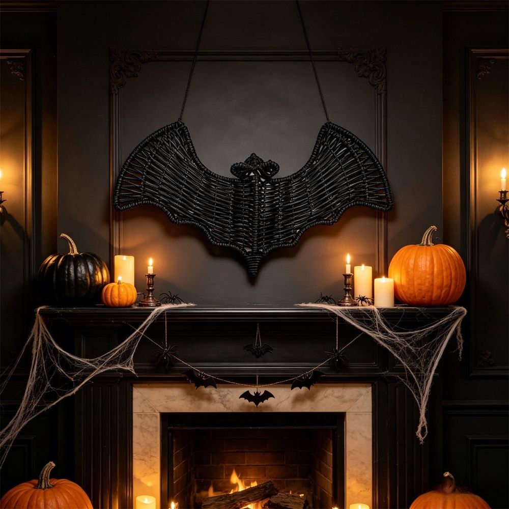 Halloween Woven Bats Wall Decor Black Bamboo Rattan Art Spooky Indoor Outdoor Hanging Display