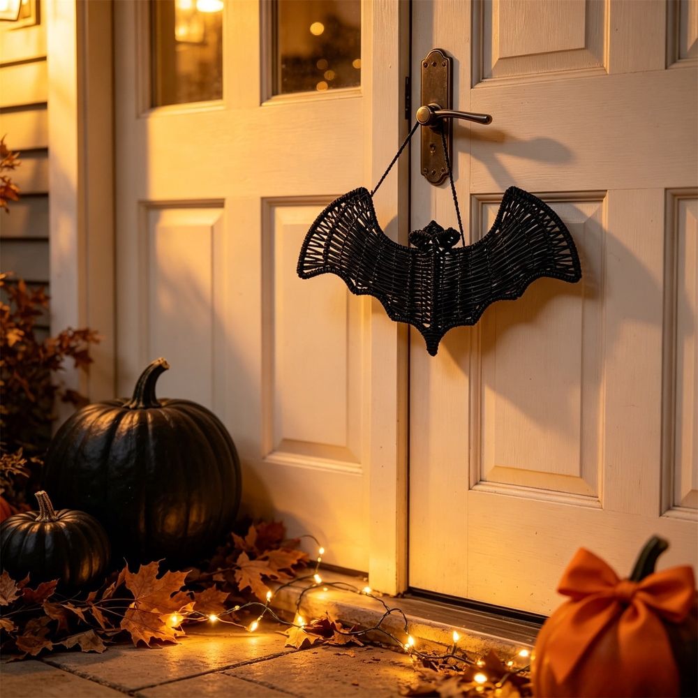 Halloween Woven Bats Wall Decor Black Bamboo Rattan Art Spooky Indoor Outdoor Hanging Display