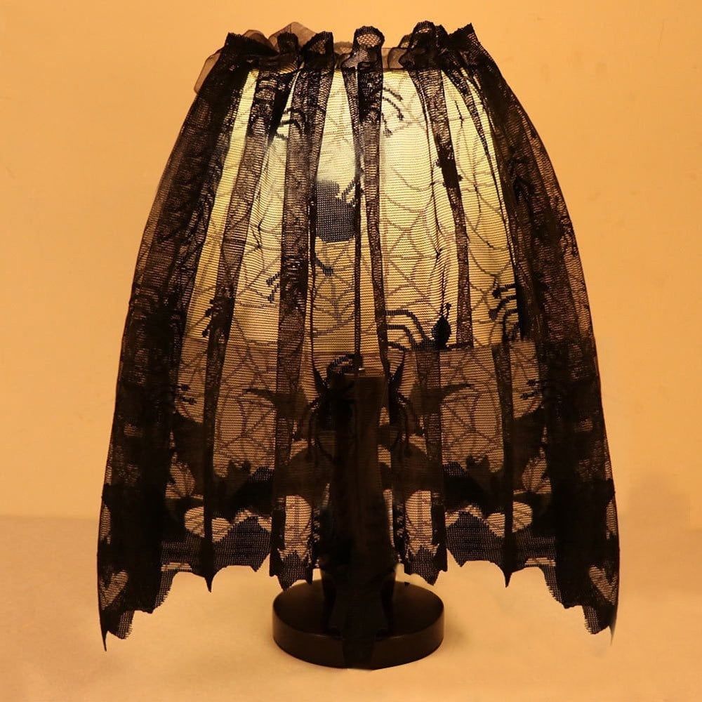 Halloween Lamp Shade, Black Lace Lamp Cover with Ribbon, Halloween Spider and Bat Print Lampshade for Halloween Decorative Lamp Festive Party Decor, 23.6" x 7.9