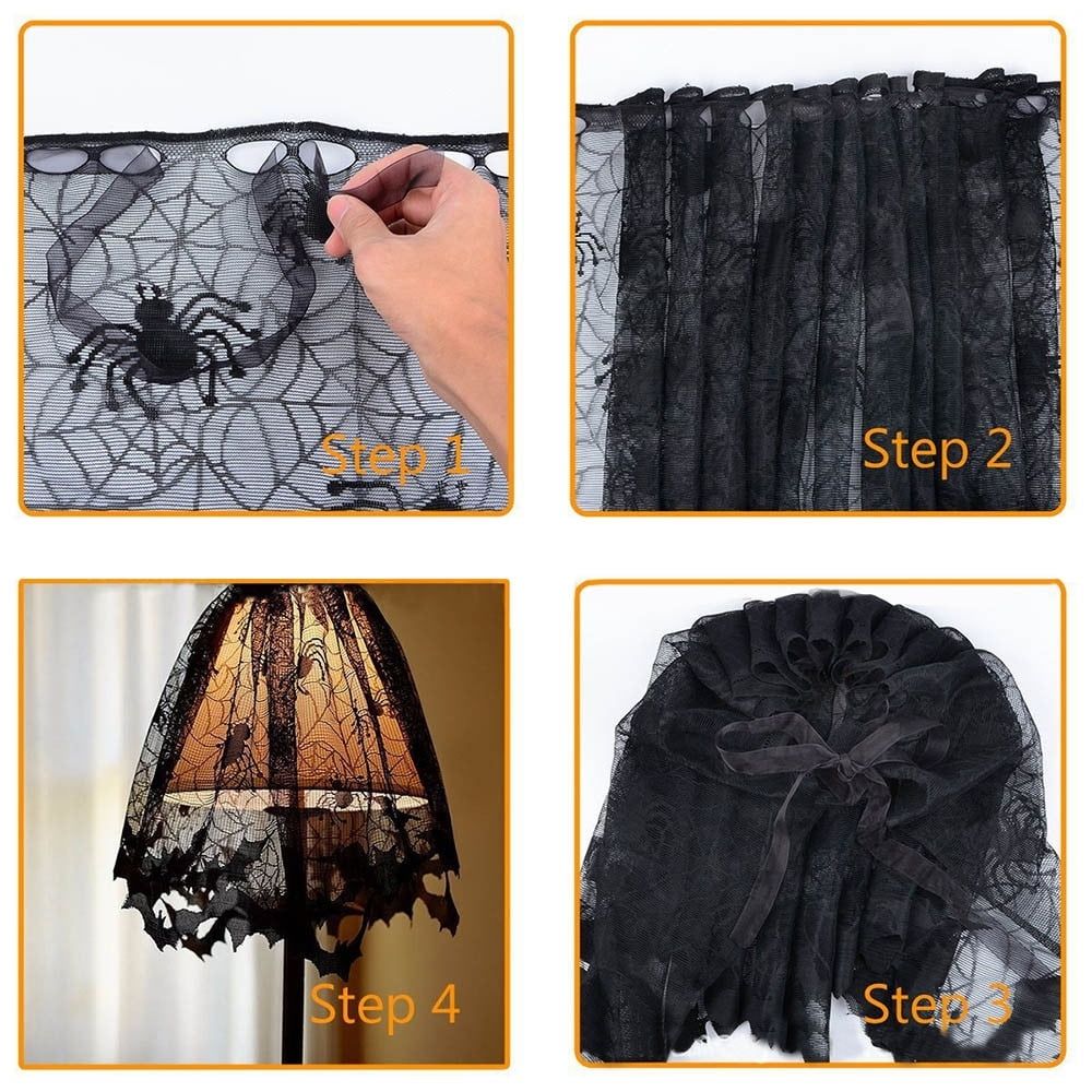 Halloween Lamp Shade, Black Lace Lamp Cover with Ribbon, Halloween Spider and Bat Print Lampshade for Halloween Decorative Lamp Festive Party Decor, 23.6" x 7.9