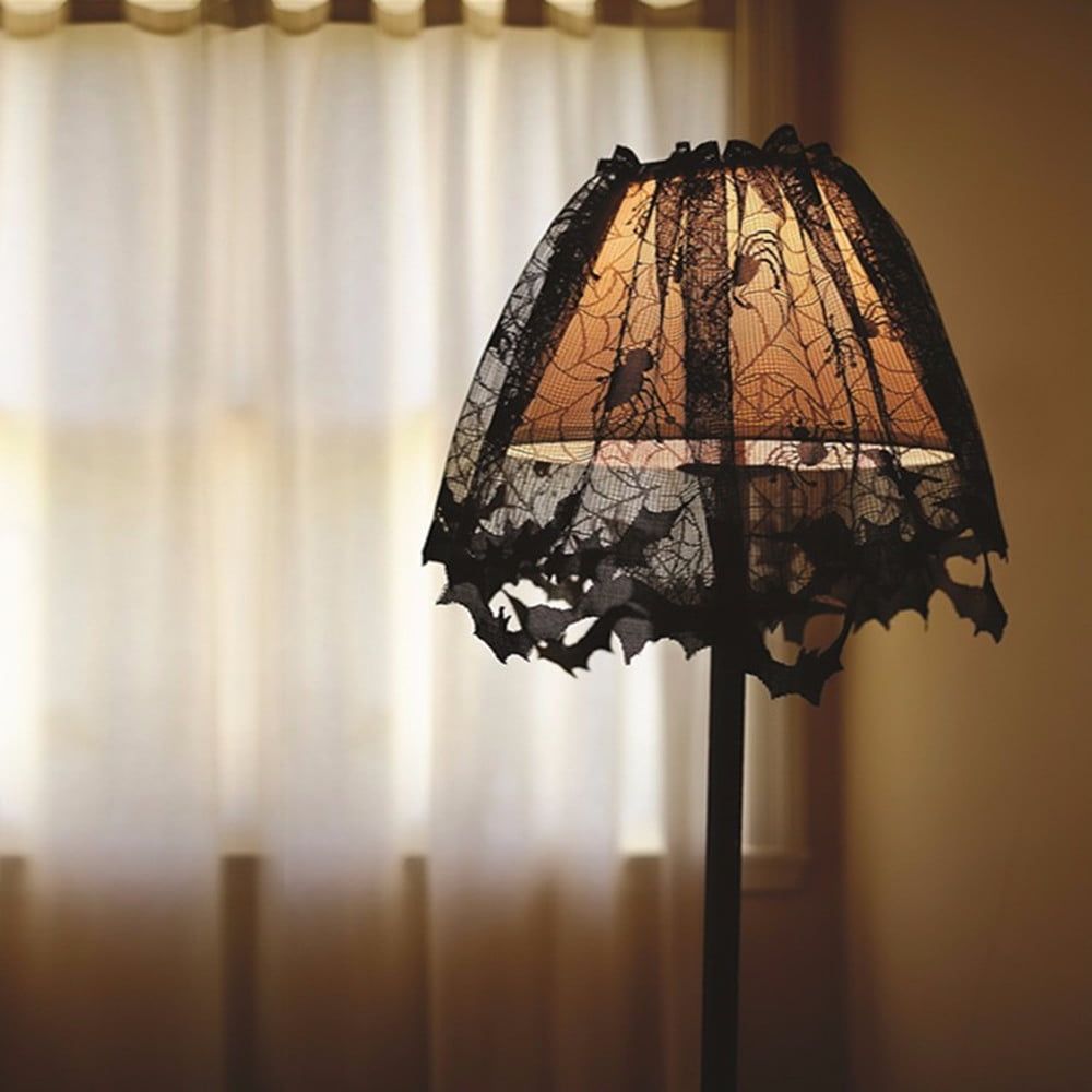 Halloween Lamp Shade, Black Lace Lamp Cover with Ribbon, Halloween Spider and Bat Print Lampshade for Halloween Decorative Lamp Festive Party Decor, 23.6" x 7.9