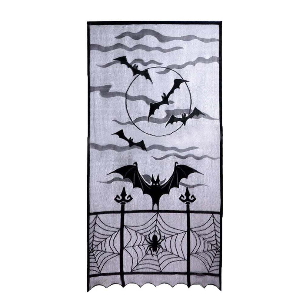Halloween Window Curtains, Black Rod Pocket Spider Web Bats Halloween Sheer Curtain, Lace Curtain Valance Curtain Panel for Halloween Decoration Party Decor, 84" x 40