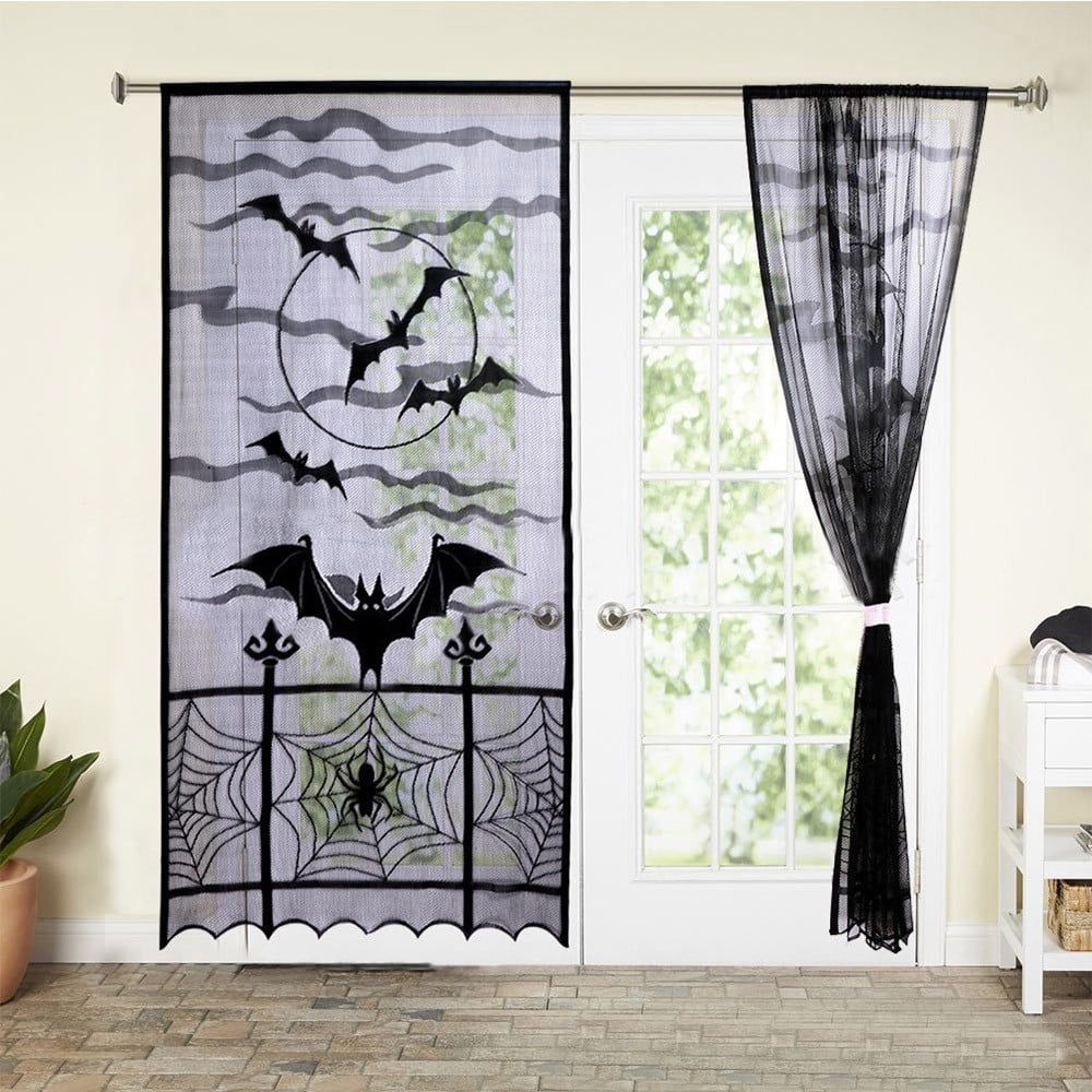 Halloween Window Curtains, Black Rod Pocket Spider Web Bats Halloween Sheer Curtain, Lace Curtain Valance Curtain Panel for Halloween Decoration Party Decor, 84" x 40