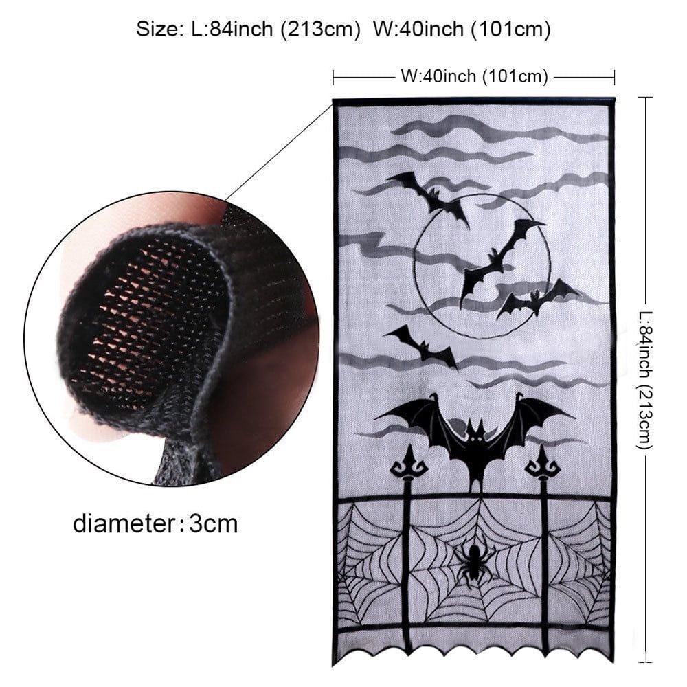 Halloween Window Curtains, Black Rod Pocket Spider Web Bats Halloween Sheer Curtain, Lace Curtain Valance Curtain Panel for Halloween Decoration Party Decor, 84" x 40