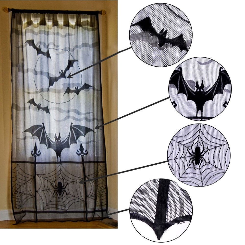 Halloween Window Curtains, Black Rod Pocket Spider Web Bats Halloween Sheer Curtain, Lace Curtain Valance Curtain Panel for Halloween Decoration Party Decor, 84" x 40