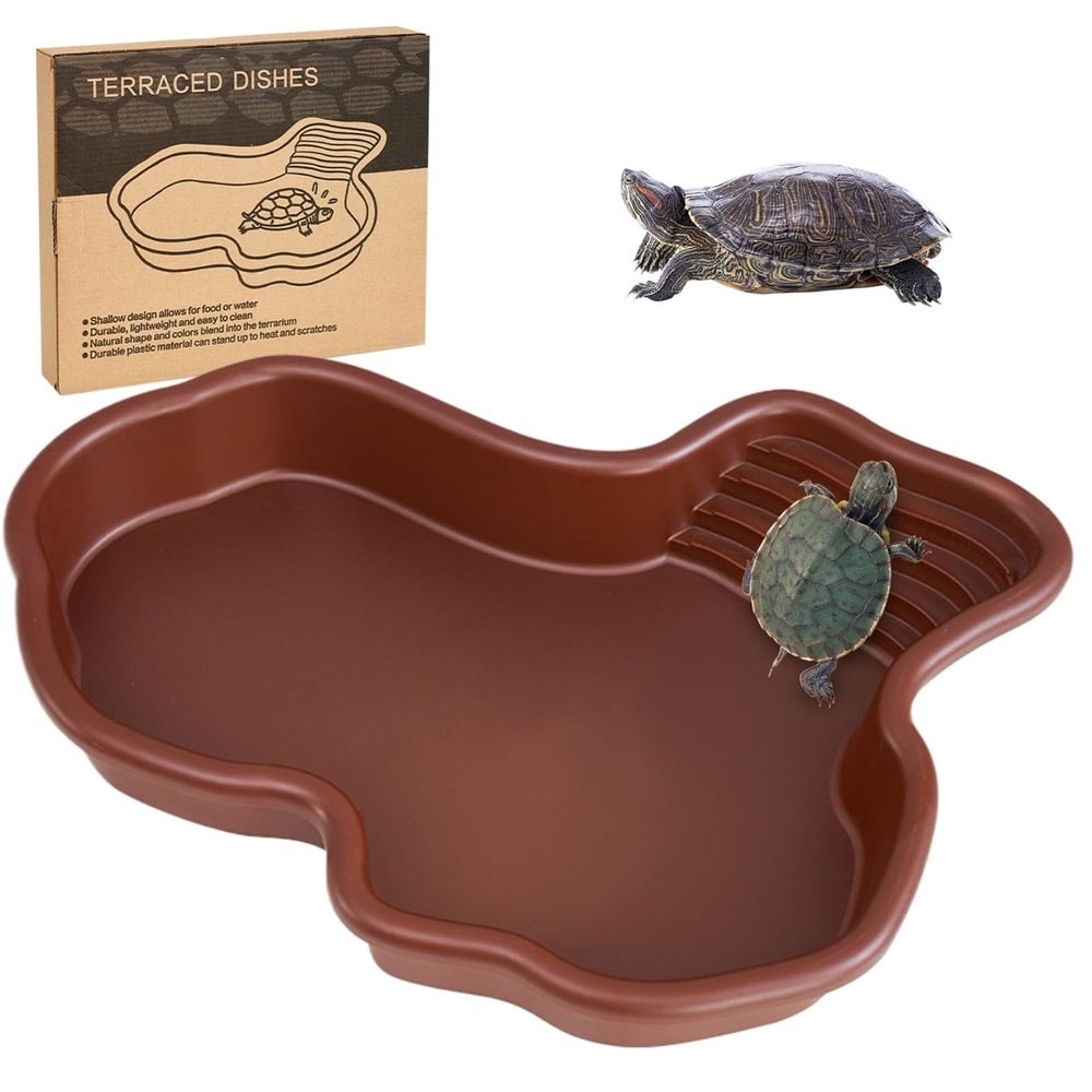 Reptile Water Tortoise Habitat with Non-Slip Ramp Shallow Reptile Pool Geometric Turtle Tub 12.2X9.8X2In Reptile Water