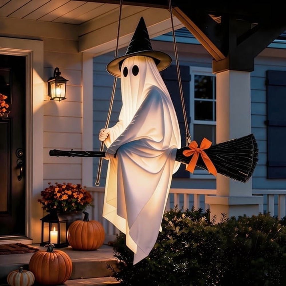 Hanging Swinging Ghost Halloween Decor - Outdoor Halloween Decorations with Ghost on A Swing for Outside Garden Yard Porch Tree, 4.4 FT Large Spooky Cute Ghosts with String Lights for Indoor Party