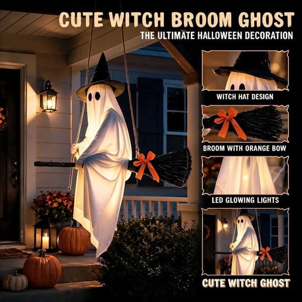 Hanging Swinging Ghost Halloween Decor - Outdoor Halloween Decorations with Ghost on A Swing for Outside Garden Yard Porch Tree, 4.4 FT Large Spooky Cute Ghosts with String Lights for Indoor Party