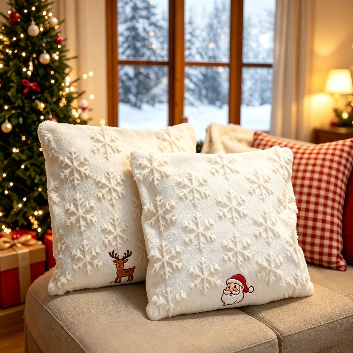 Set of 2 Christmas Cushion Covers - New Green Large Christmas Tree (Pillow filling not included)